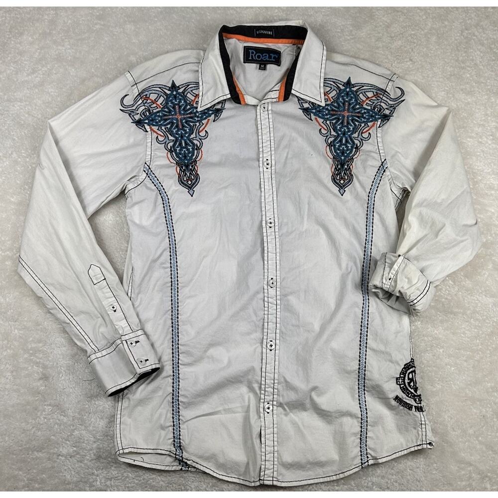 Roar Signature Button Up Shirt Mens M Embroidered Cross White Gothic Y2K Biker